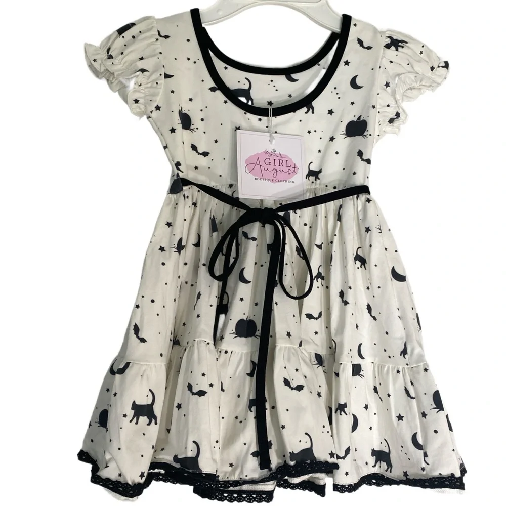 NEW Girl August Boutique‎ Halloween Dress Sz 3 Black/White Pumpkins Cats